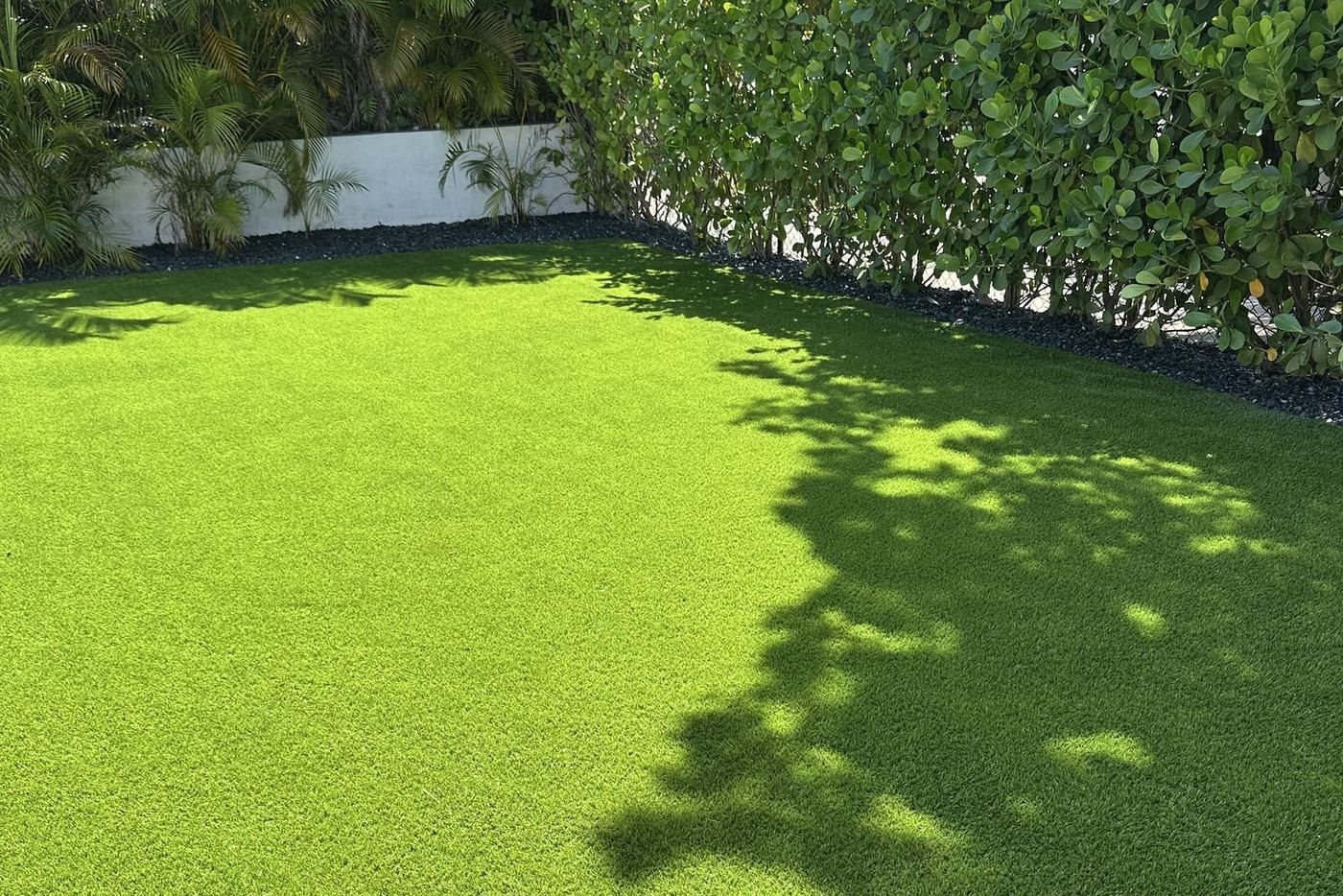 Patio con grama artificial rodeado de un seto alto, con la sombra de un árbol proyectada encima.